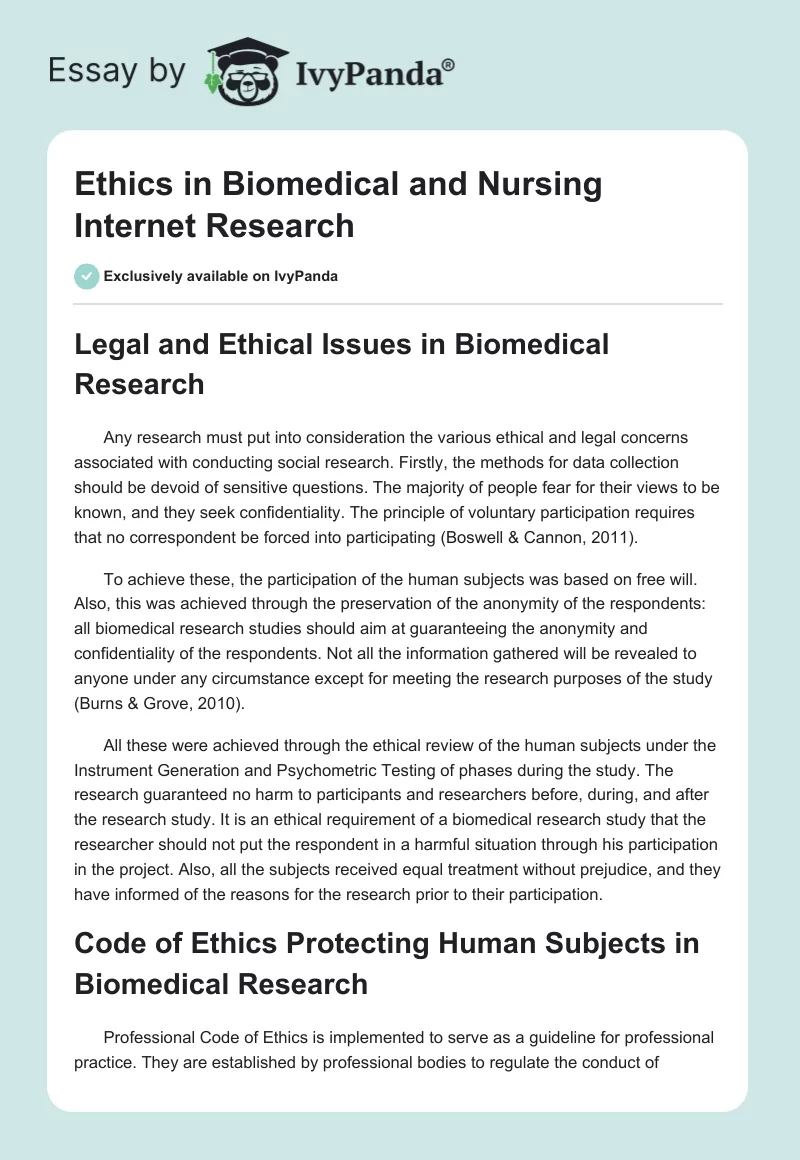 Ethics in Biomedical and Nursing Internet Research. Page 1