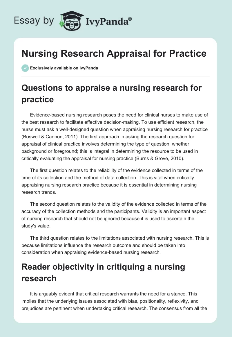 Nursing Research Appraisal for Practice. Page 1