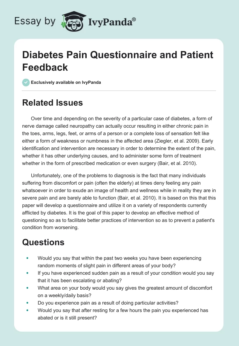 Diabetes Pain Questionnaire and Patient Feedback. Page 1