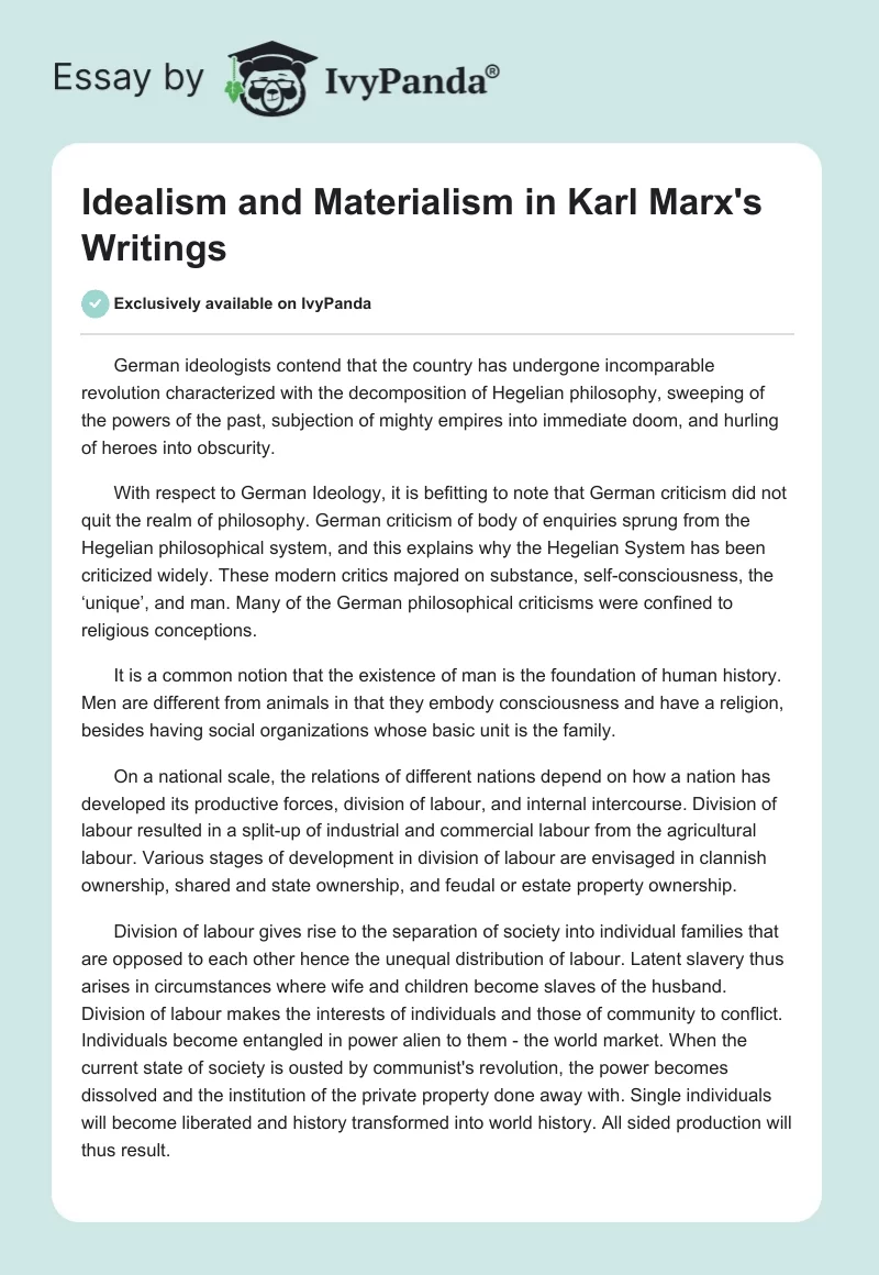 Idealism and Materialism in Karl Marx's Writings. Page 1