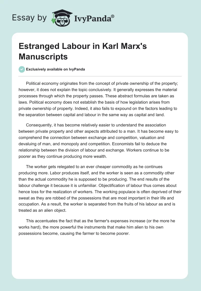 Estranged Labour in Karl Marx's Manuscripts. Page 1