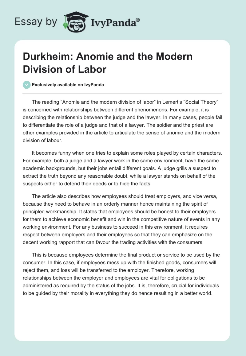 Durkheim: Anomie and the Modern Division of Labor. Page 1
