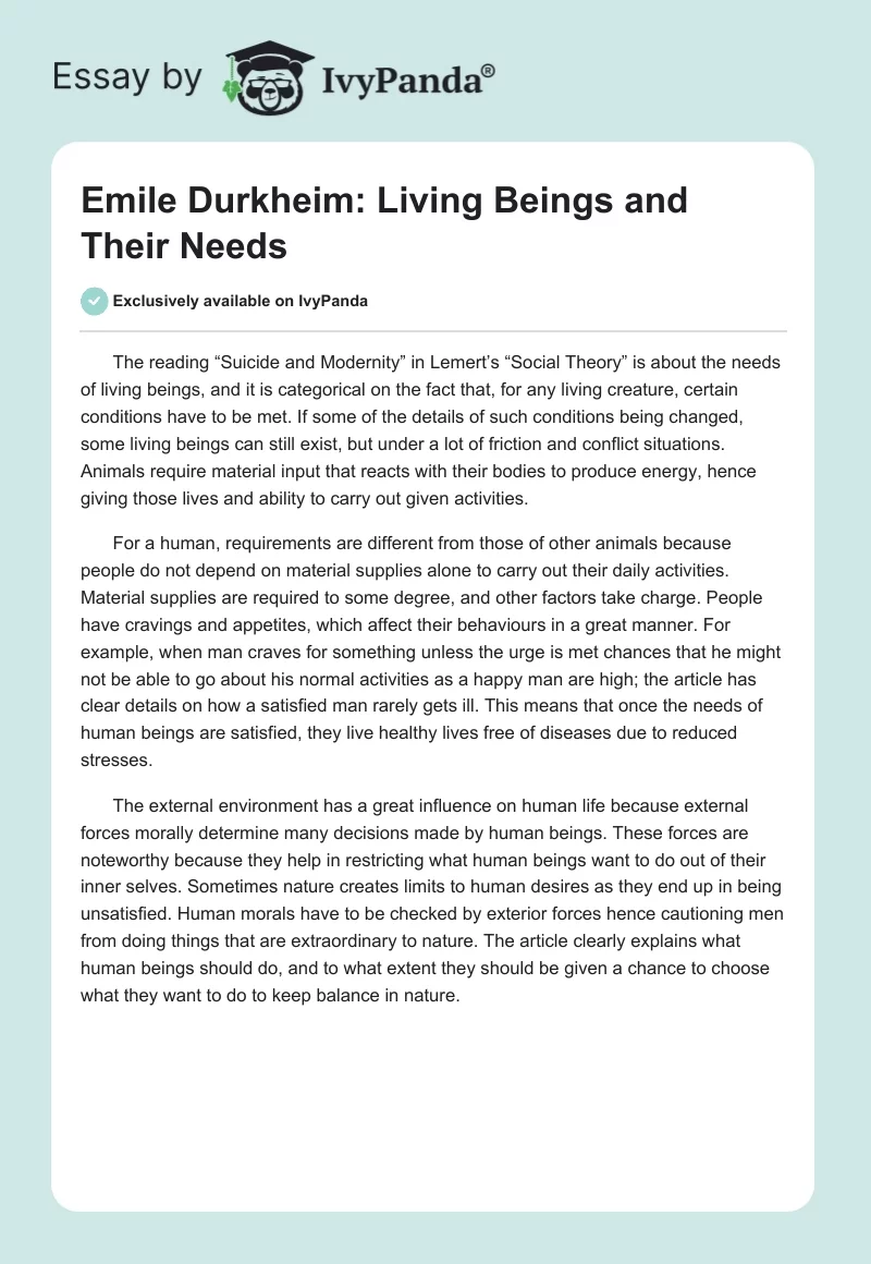 Emile Durkheim: Living Beings and Their Needs. Page 1