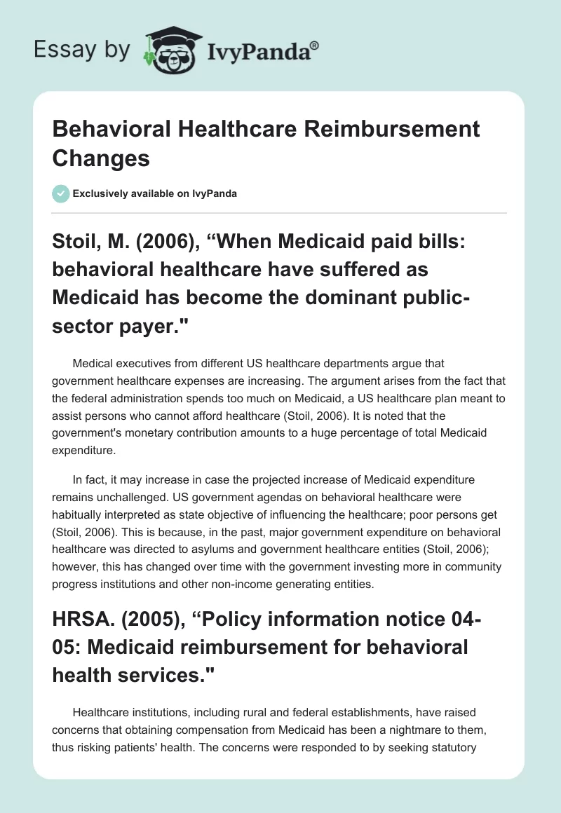 Behavioral Healthcare Reimbursement Changes. Page 1