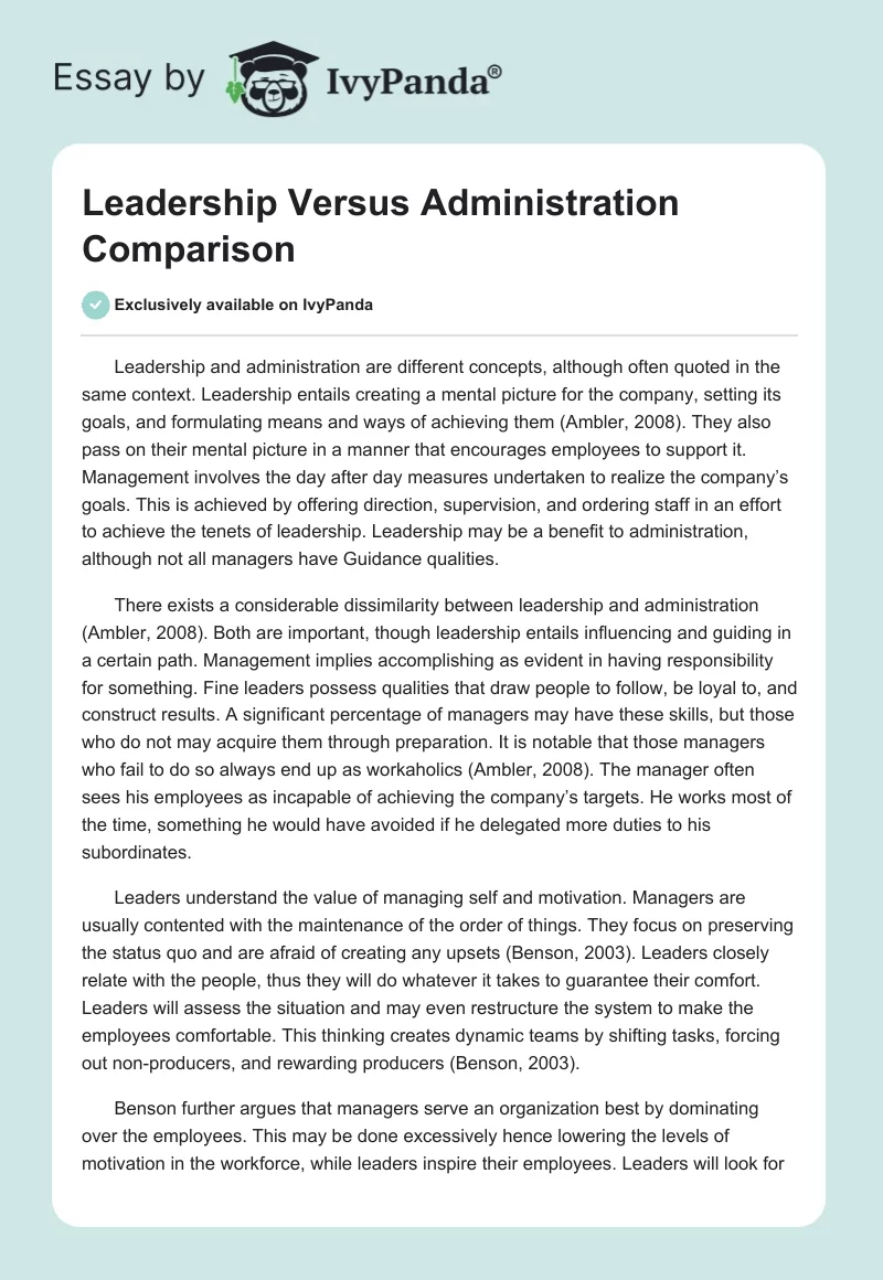 Leadership Versus Administration Comparison. Page 1