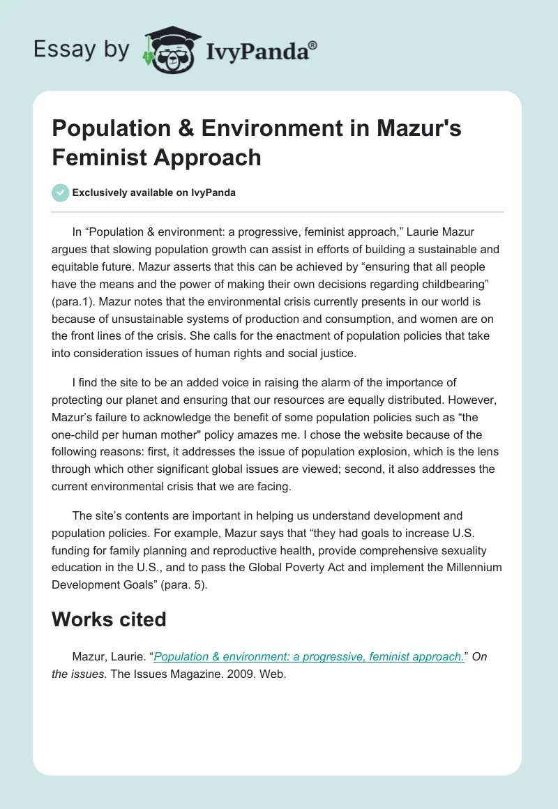 "Population & Environment" in Mazur's Feminist Approach. Page 1