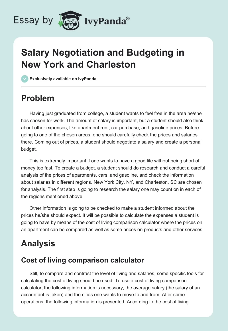 Salary Negotiation and Budgeting in New York and Charleston. Page 1