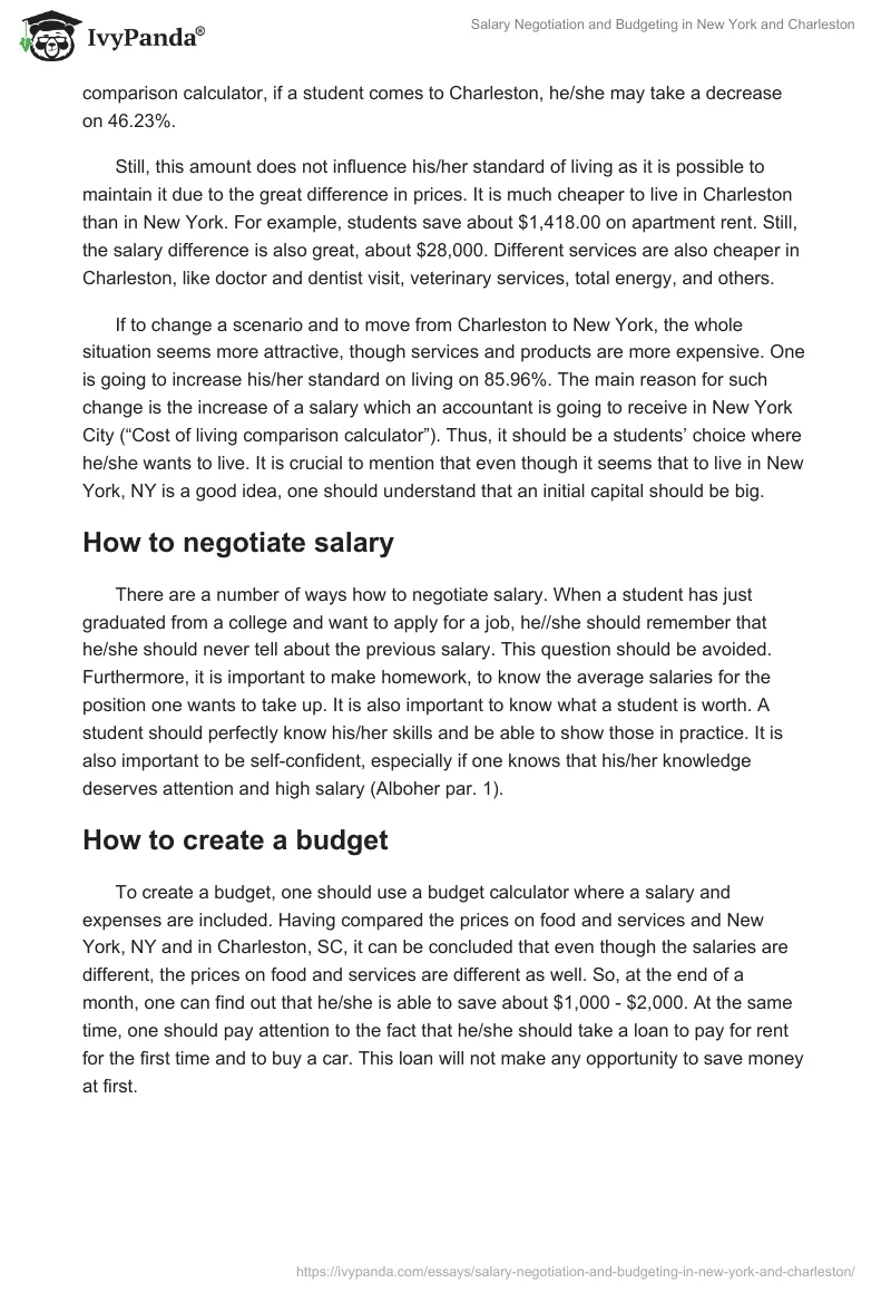 Salary Negotiation and Budgeting in New York and Charleston. Page 2