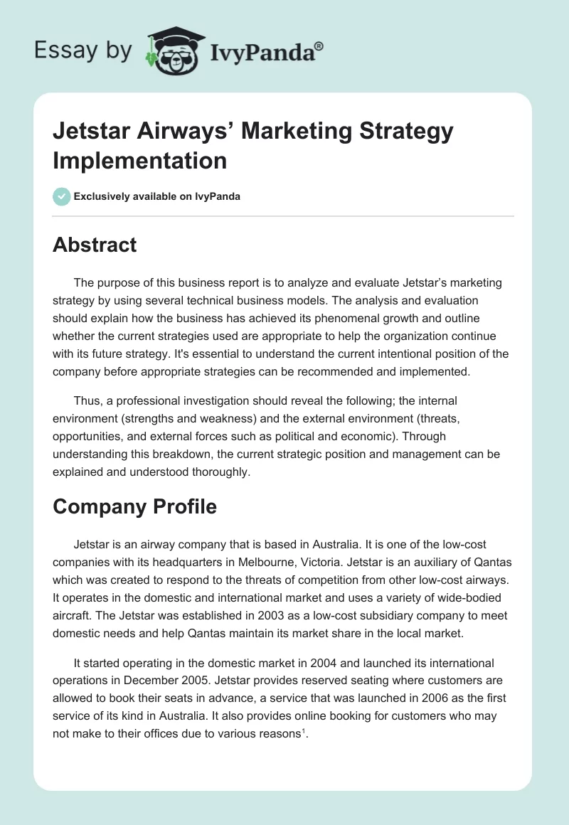Jetstar Airways’ Marketing Strategy Implementation. Page 1