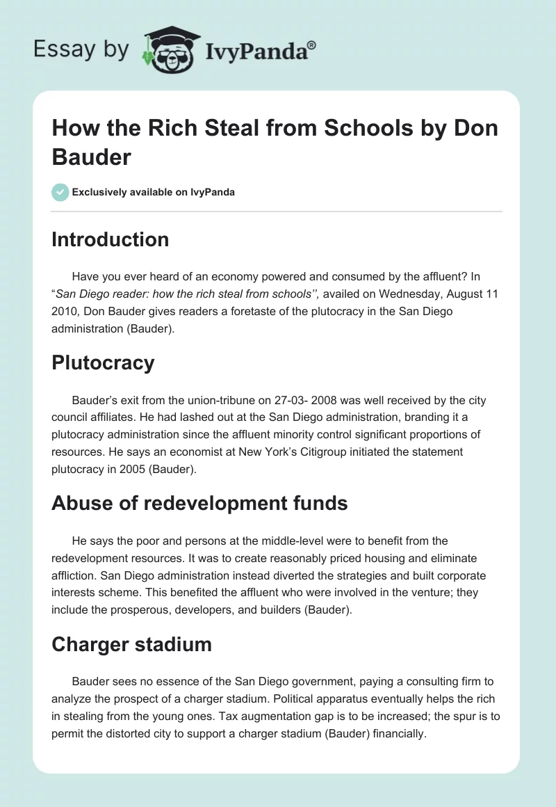 "How the Rich Steal From Schools" by Don Bauder. Page 1