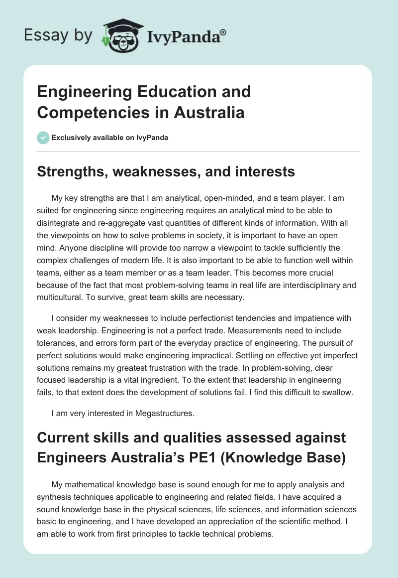 Engineering Education and Competencies in Australia. Page 1