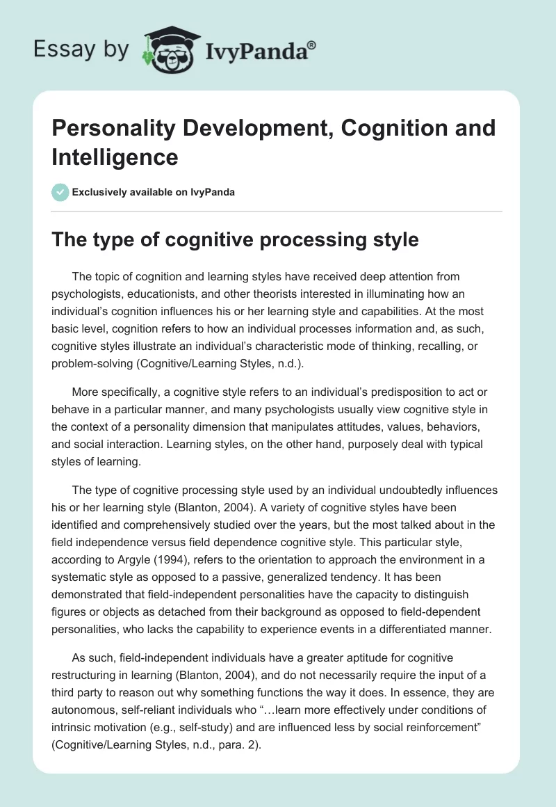 Personality Development, Cognition and Intelligence. Page 1