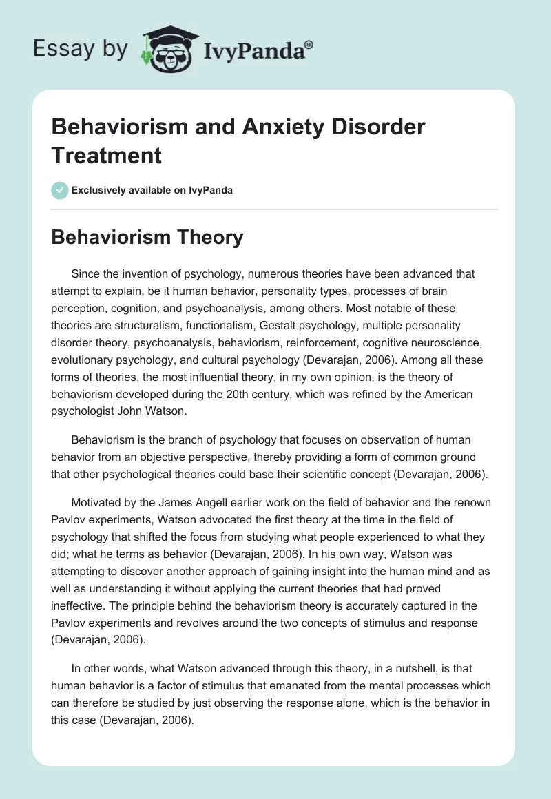 Behaviorism and Anxiety Disorder Treatment. Page 1