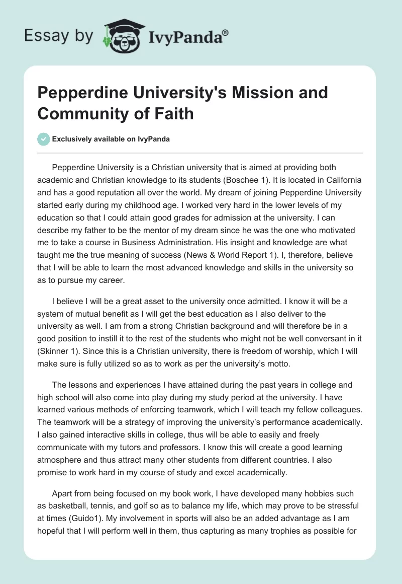 Pepperdine University's Mission and Community of Faith. Page 1