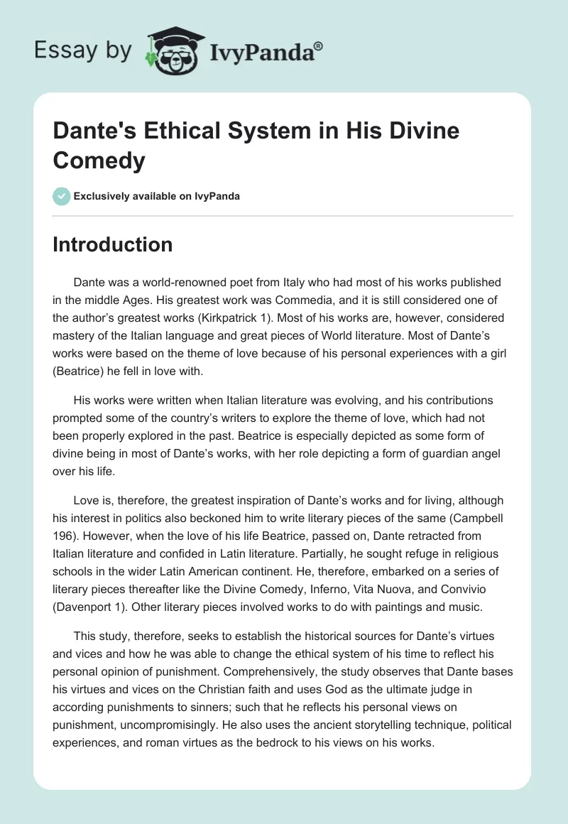 Dante's Ethical System in His Divine Comedy. Page 1