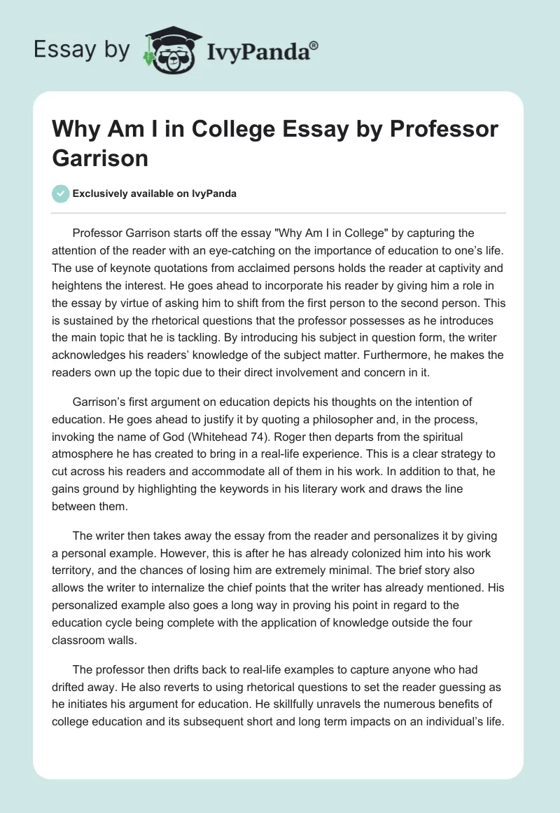 "Why Am I in College" Essay by Professor Garrison. Page 1