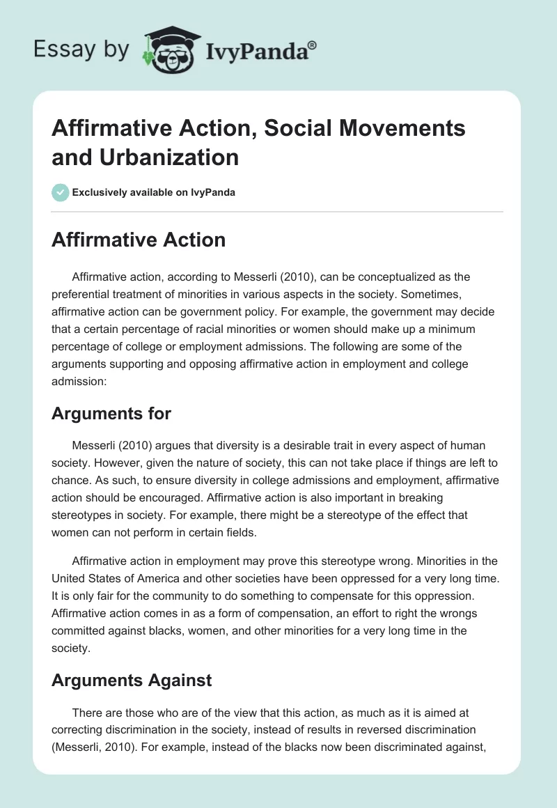 Affirmative Action, Social Movements and Urbanization. Page 1