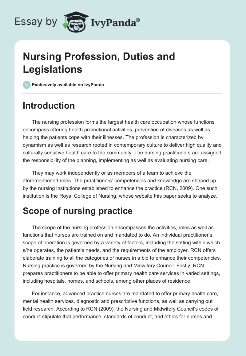 Nursing Profession, Duties and Legislations. Page 1