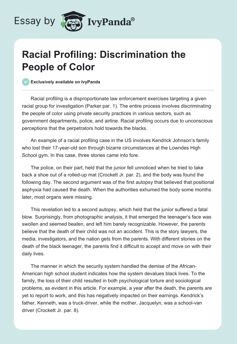 Racial Profiling: Discrimination the People of Color. Page 1