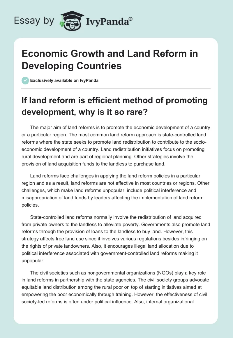 Economic Growth and Land Reform in Developing Countries. Page 1