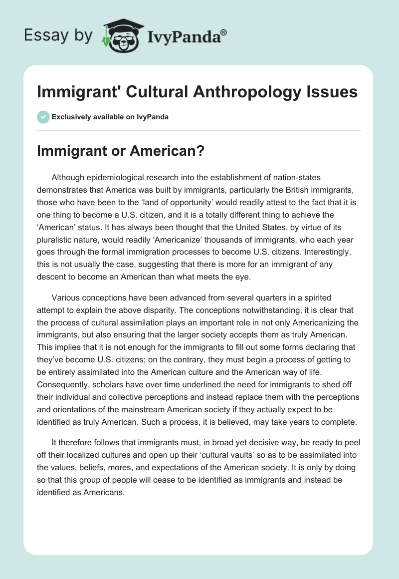 Immigrant' Cultural Anthropology Issues. Page 1