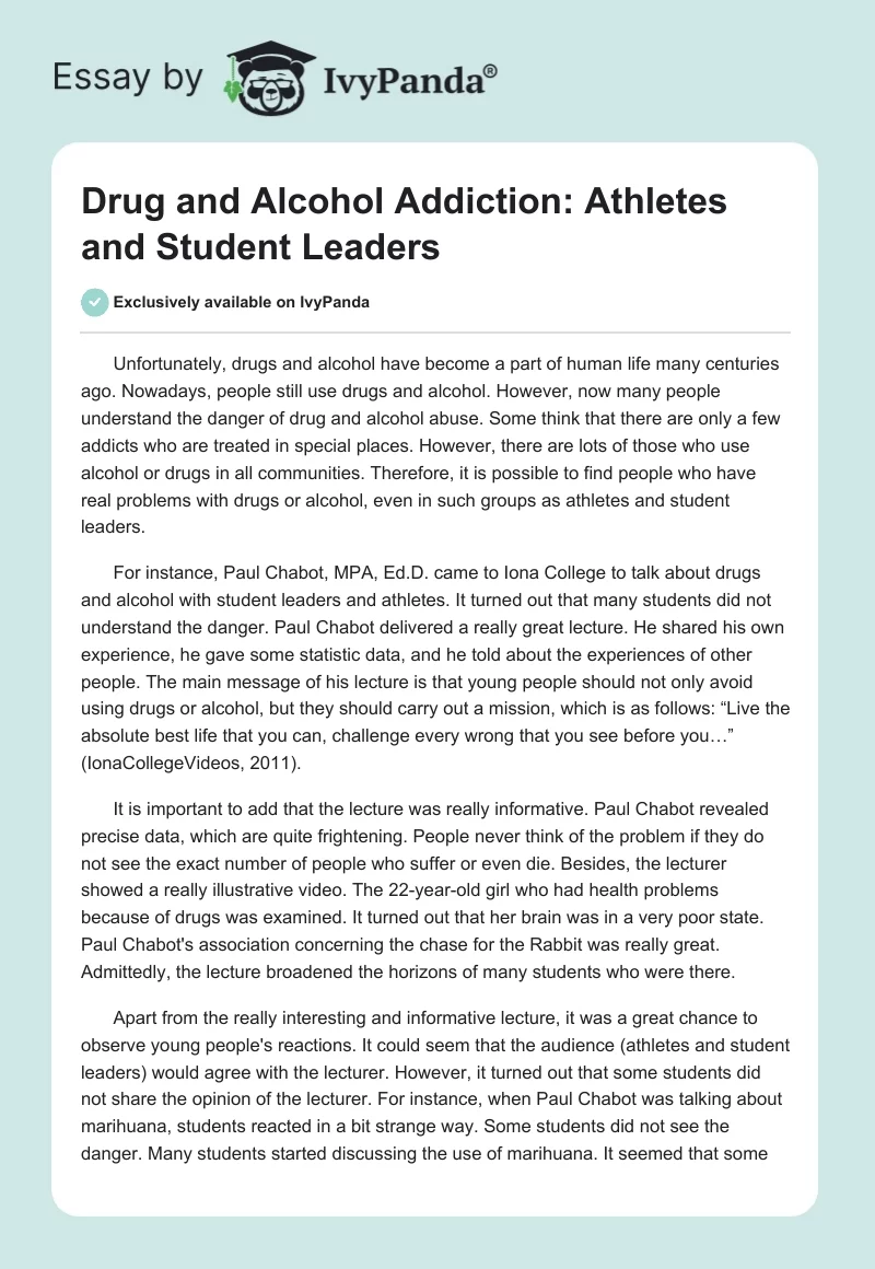 Drug and Alcohol Addiction: Athletes and Student Leaders. Page 1