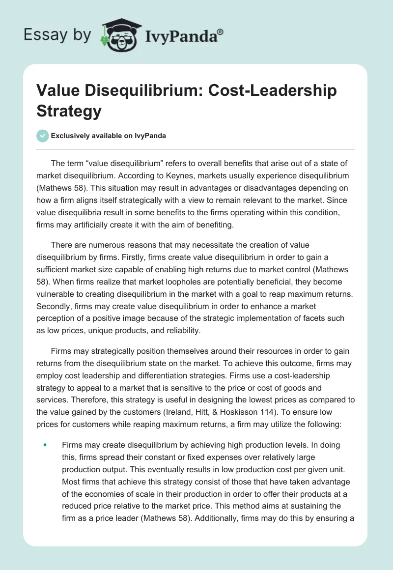 Value Disequilibrium: Cost-Leadership Strategy. Page 1