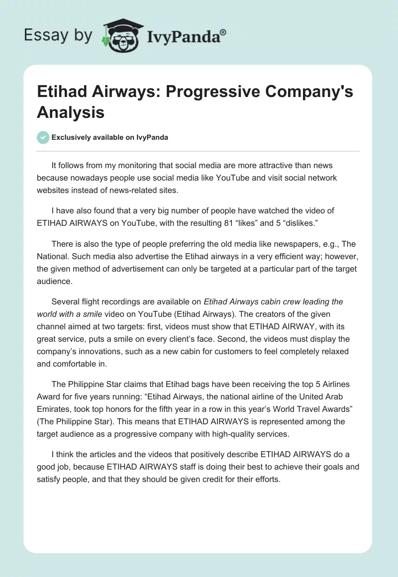 Etihad Airways: Progressive Company's Analysis. Page 1