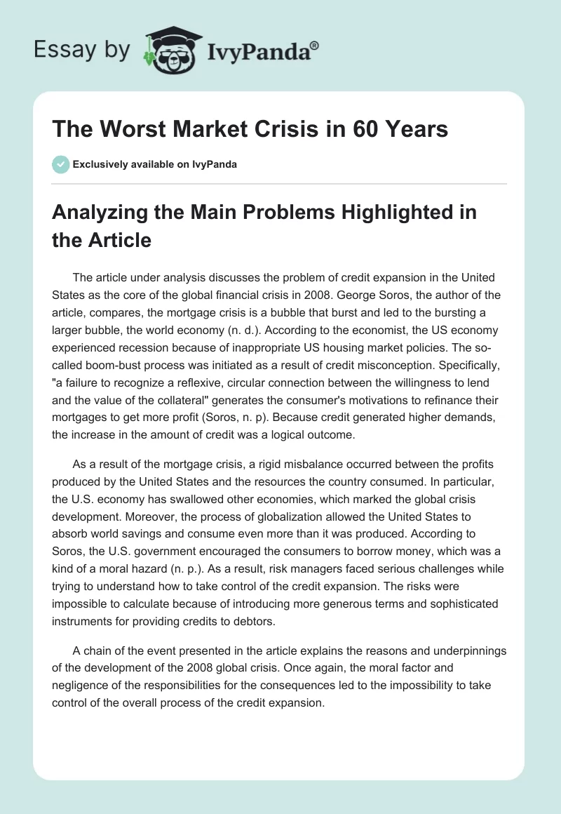 The Worst Market Crisis in 60 Years. Page 1