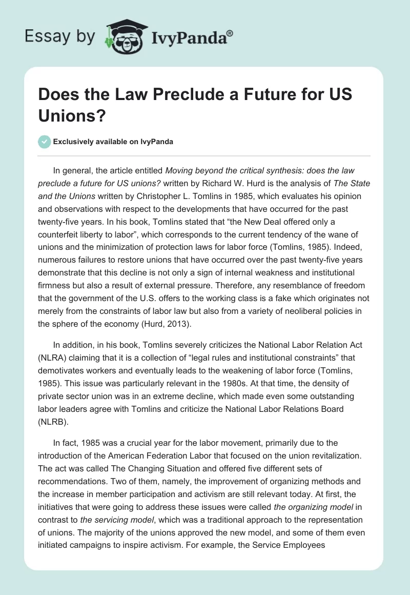 Does the Law Preclude a Future for US Unions?. Page 1