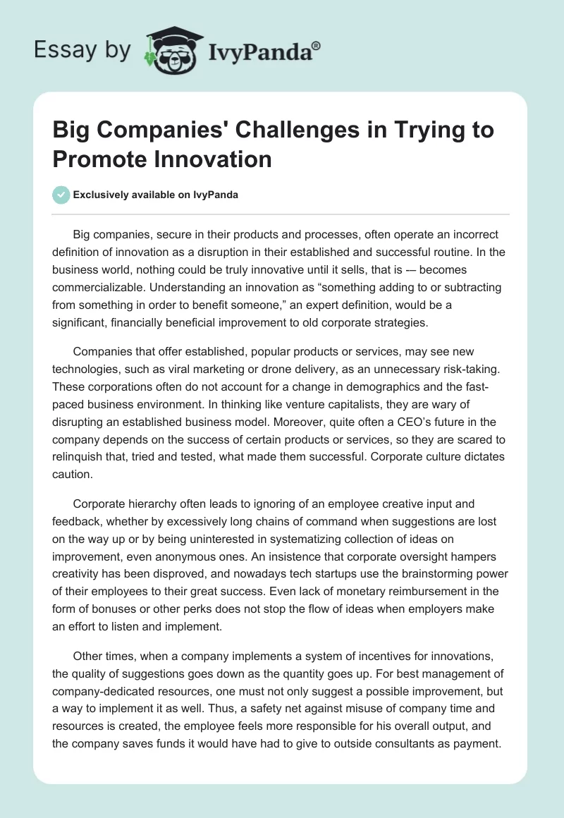 Big Companies' Challenges in Trying to Promote Innovation. Page 1