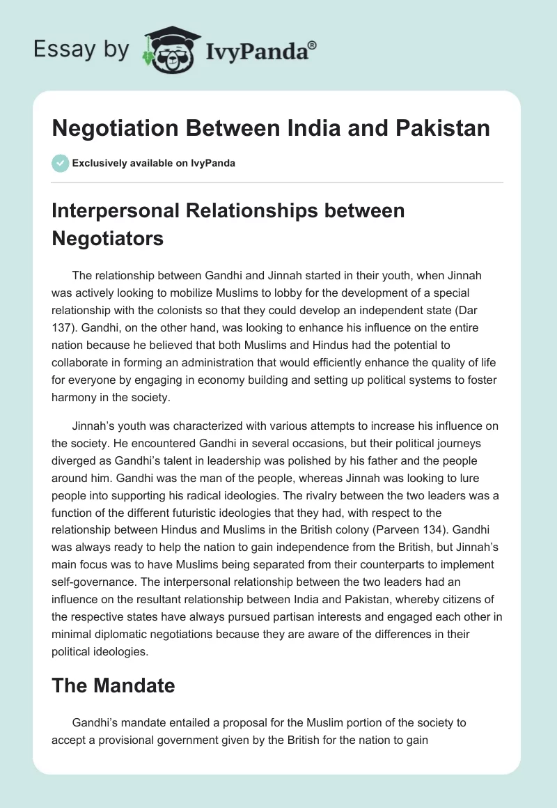 Negotiation Between India and Pakistan. Page 1
