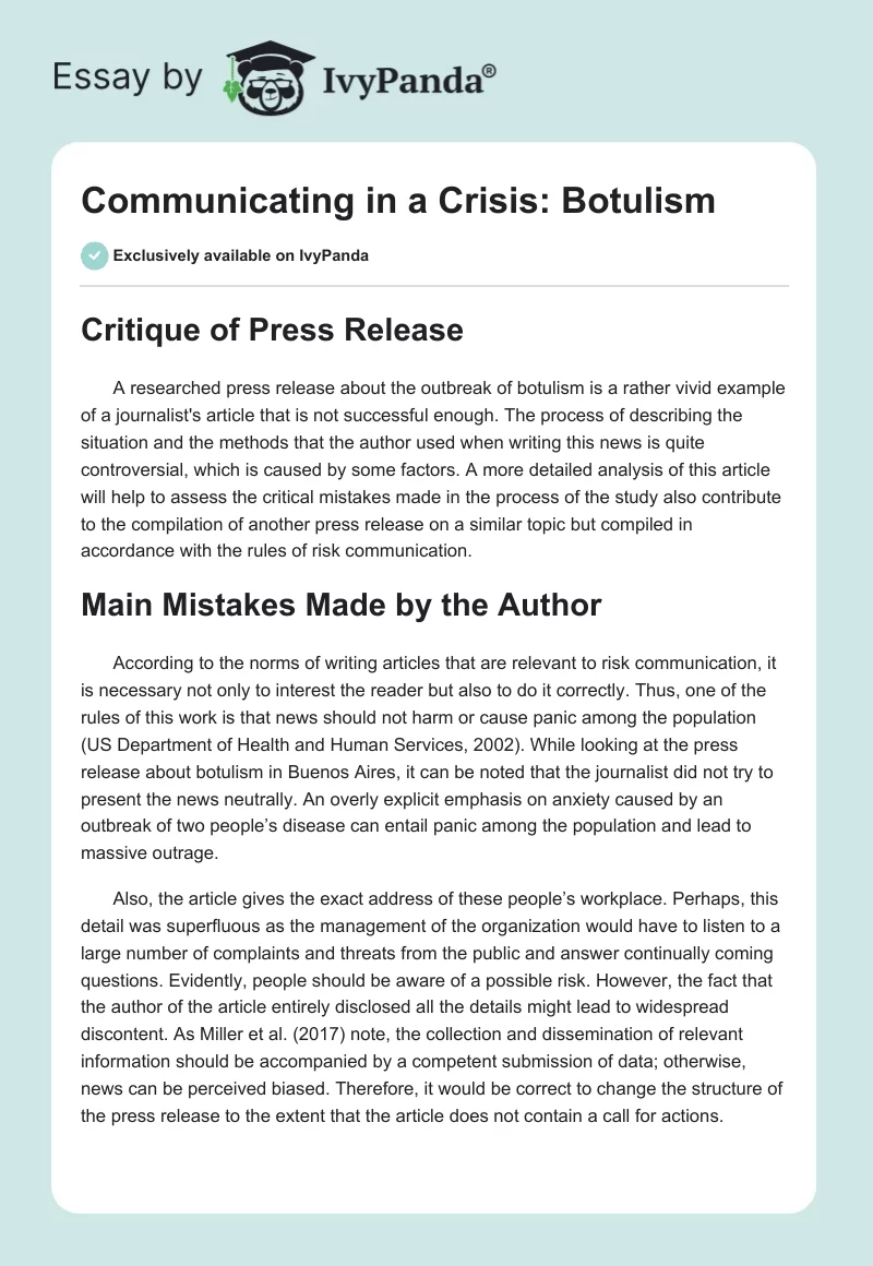 Communicating in a Crisis: Botulism. Page 1