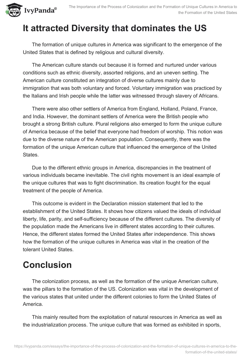 The Importance of the Process of Colonization and the Formation of Unique Cultures in America to the Formation of the United States. Page 3