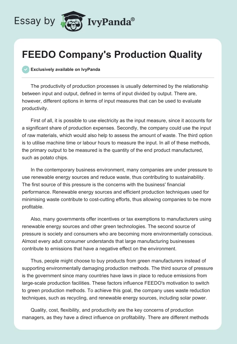 FEEDO Company's Production Quality. Page 1