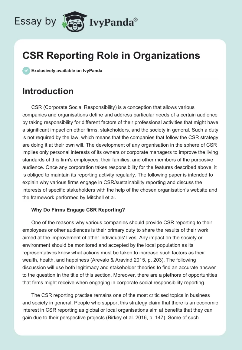 CSR Reporting Role in Organizations. Page 1