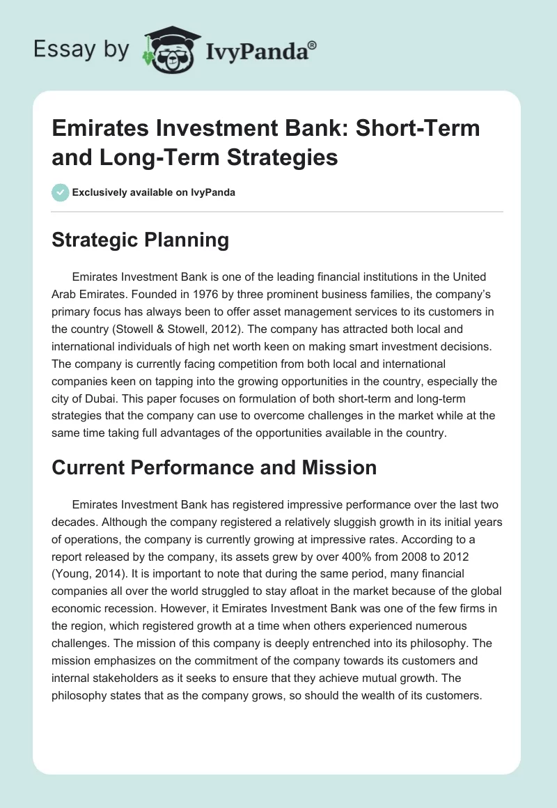 Emirates Investment Bank: Short-Term and Long-Term Strategies. Page 1