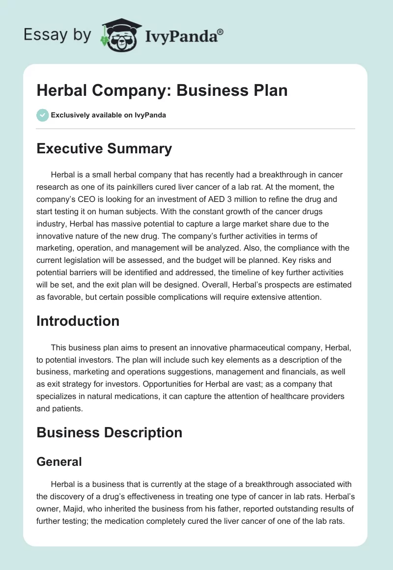 Herbal Company: Business Plan. Page 1