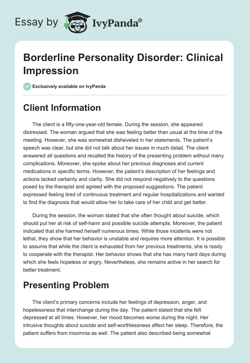 Borderline Personality Disorder: Clinical Impression. Page 1