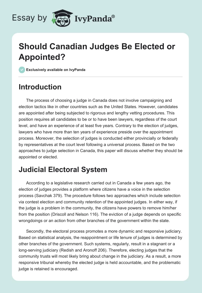 Should Canadian Judges Be Elected or Appointed?. Page 1