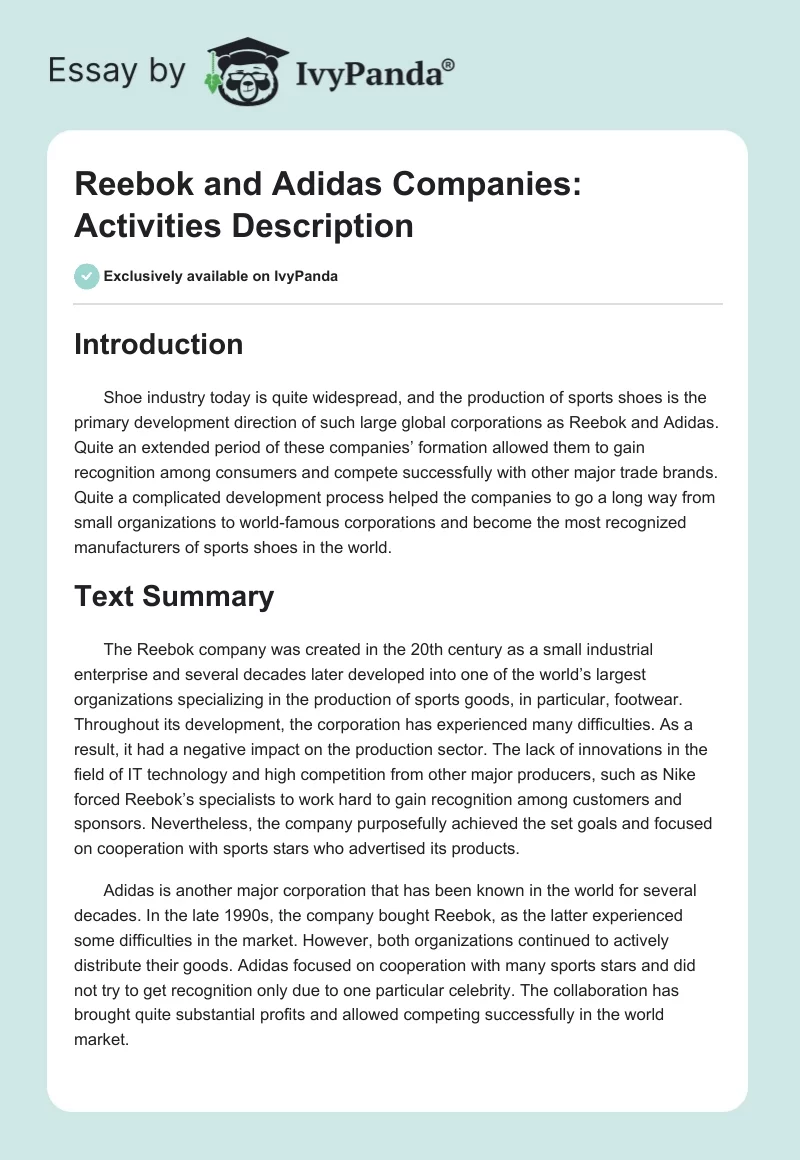 Reebok and Adidas Companies: Activities Description. Page 1