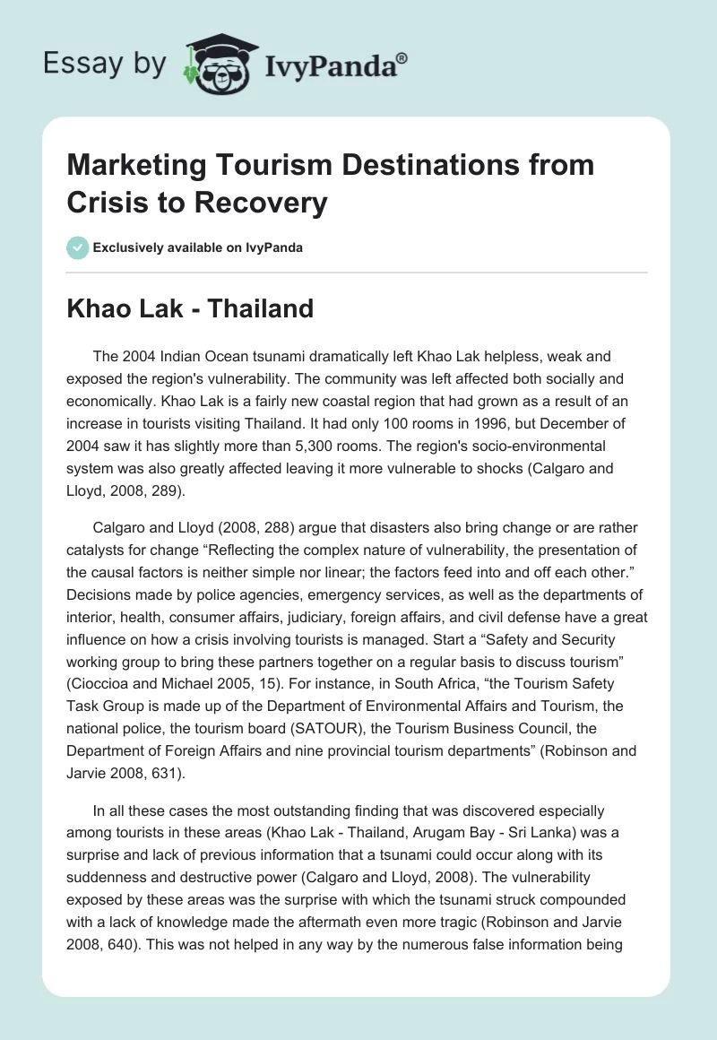 Marketing Tourism Destinations from Crisis to Recovery. Page 1