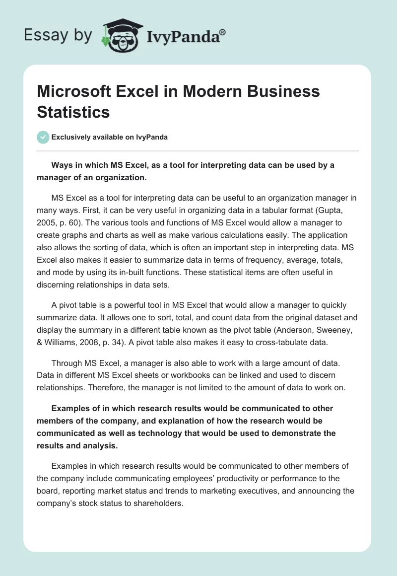 Microsoft Excel in Modern Business Statistics. Page 1