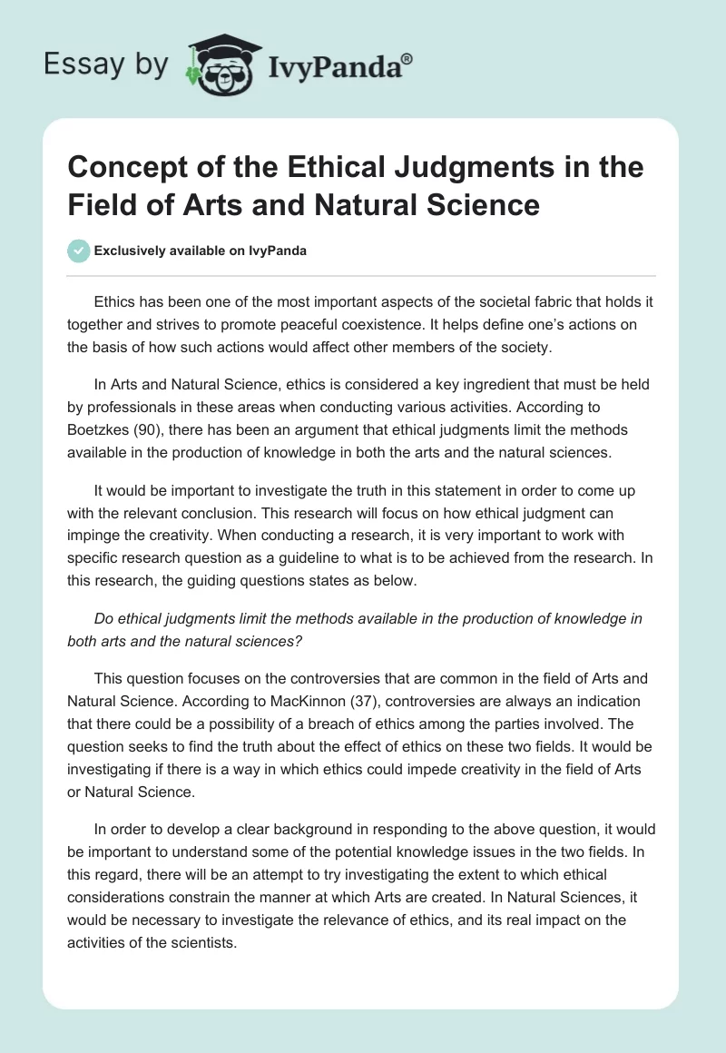 Concept of the Ethical Judgments in the Field of Arts and Natural Science. Page 1