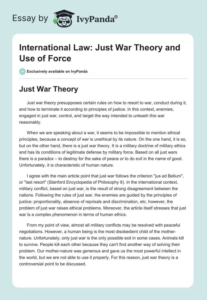 International Law: Just War Theory and Use of Force. Page 1