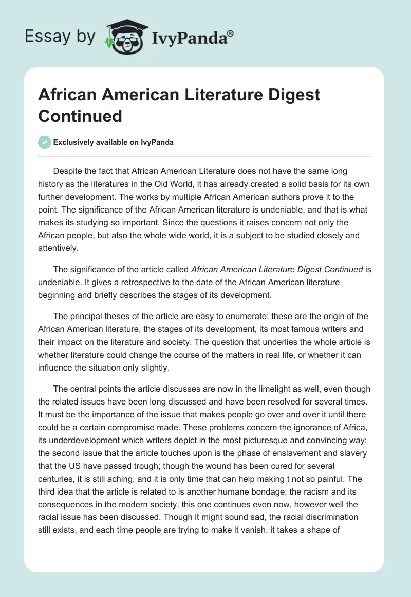 African American Literature Digest Continued. Page 1