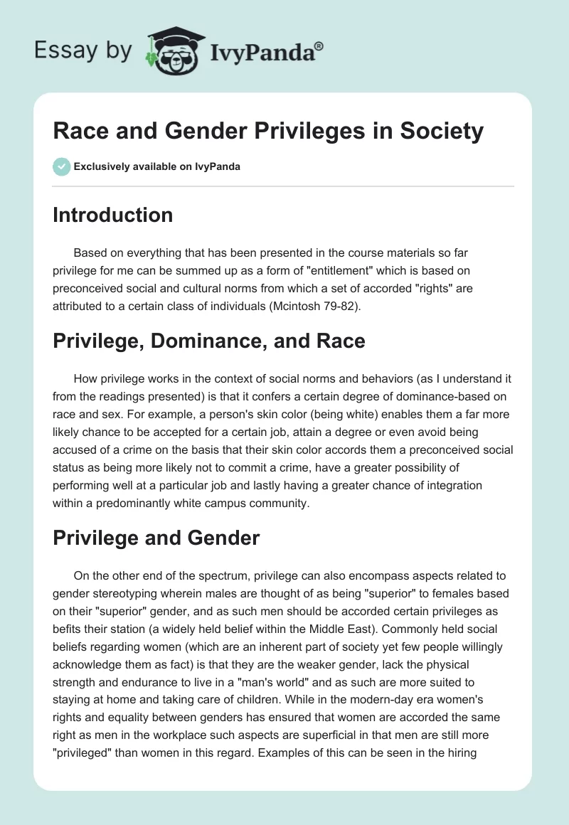 Race and Gender Privileges in Society. Page 1