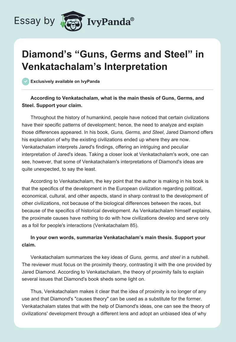 Diamond’s “Guns, Germs and Steel” in Venkatachalam’s Interpretation. Page 1