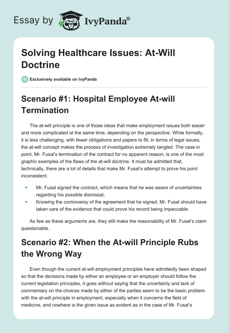 Solving Healthcare Issues: At-Will Doctrine. Page 1