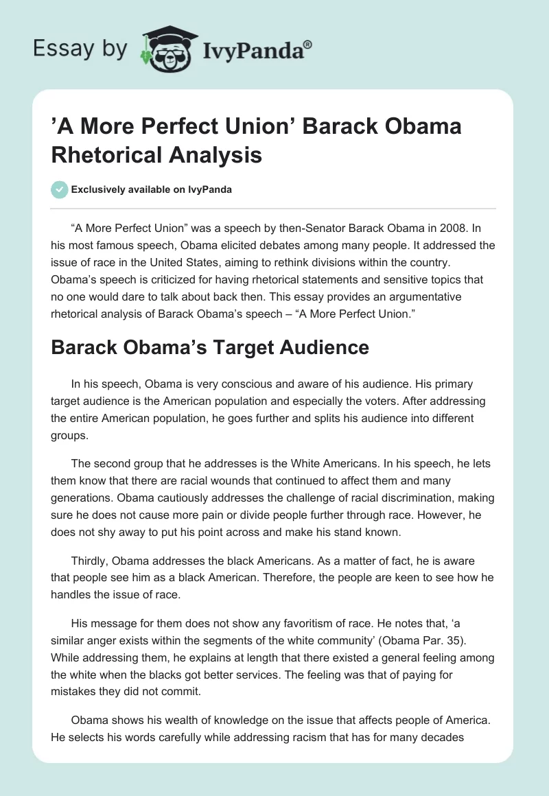 ’A More Perfect Union’ Barack Obama Rhetorical Analysis. Page 1